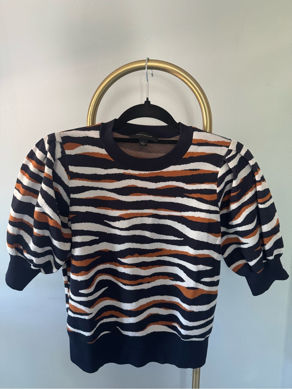 Ann Taylor Navy, White & Rust Zebra-Stripe Crewneck Sweater